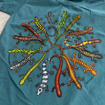 Early 2000s Kids Vintage Lizards Print Teal 100% Cotton T-Shirt XS 6-8Y Baby Tee