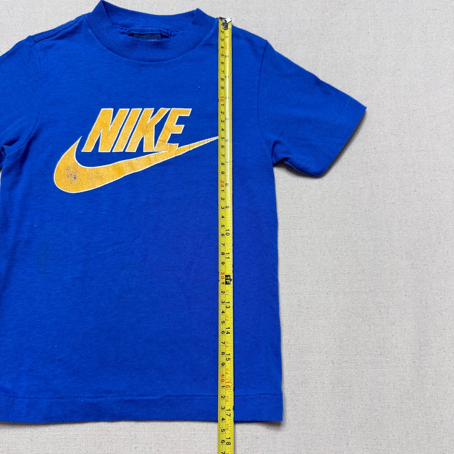 80s Kids Toddler Vintage Nike Blue Tag Yellow Big Logo Print Single Stitch Blue Tshirt / 2T 3T 4T / Made in USA