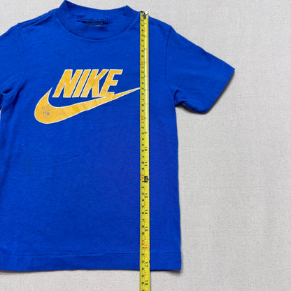 80s Kids Toddler Vintage Nike Blue Tag Yellow Big Logo Print Single Stitch Blue Tshirt / 2T 3T 4T / Made in USA