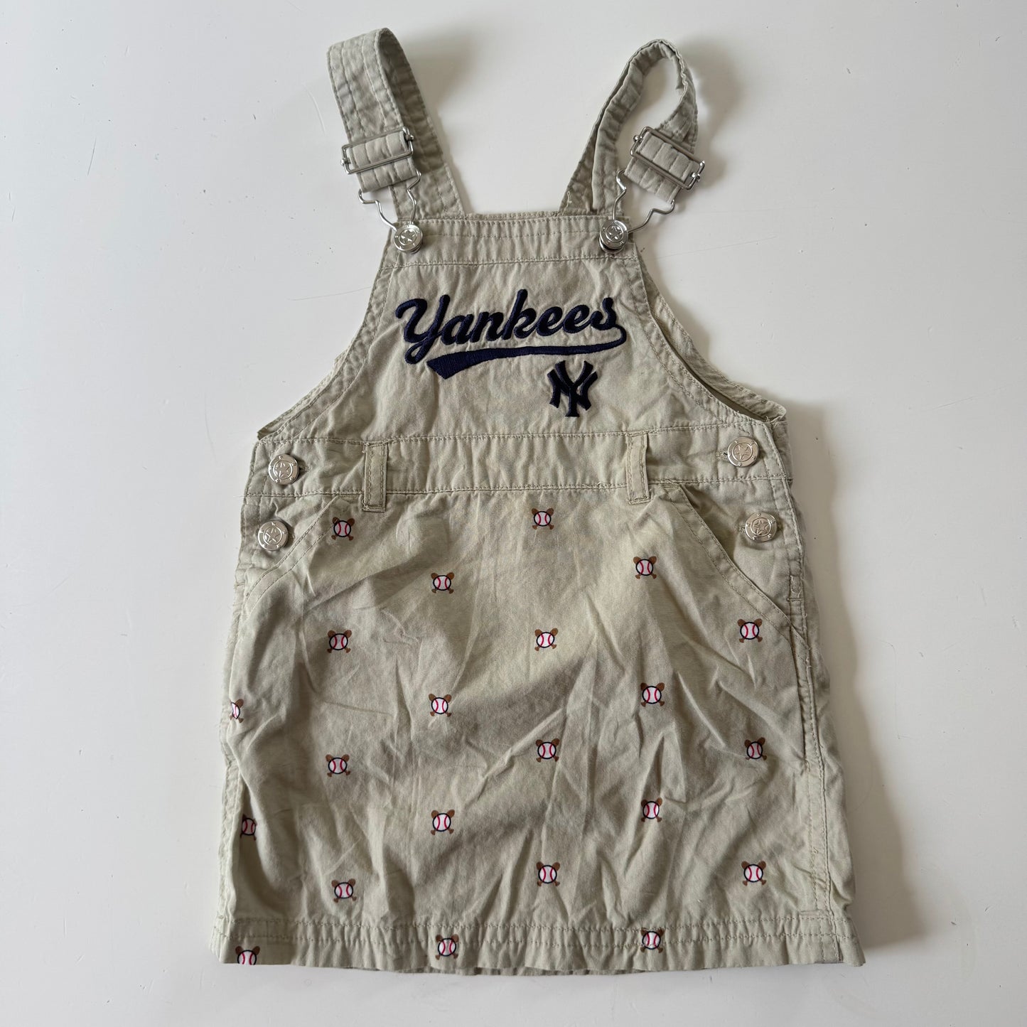 2000s Kids Girls Toddler 2 Piece  Set MLB New York Yankees Adjustable Strap Khaki Dress Baseball Pattern With Short Sleeve Navy T-Shirt 18 m
