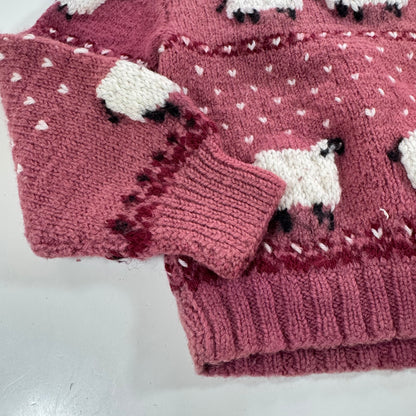 Kids Toddler Vintage Hand Knit Beautiful Maroon Pullover Sweater With Puff Shoulder AOP Sheep r 4Y 5Y 6Y