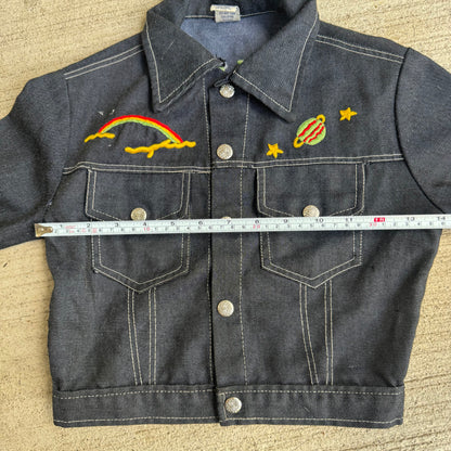 80s Kids Toddler Vintage Dark Denim Snap Double Pocket Long Sleeve Jacket With Cute Embroidered Patches Front And Back 4Y 5Y