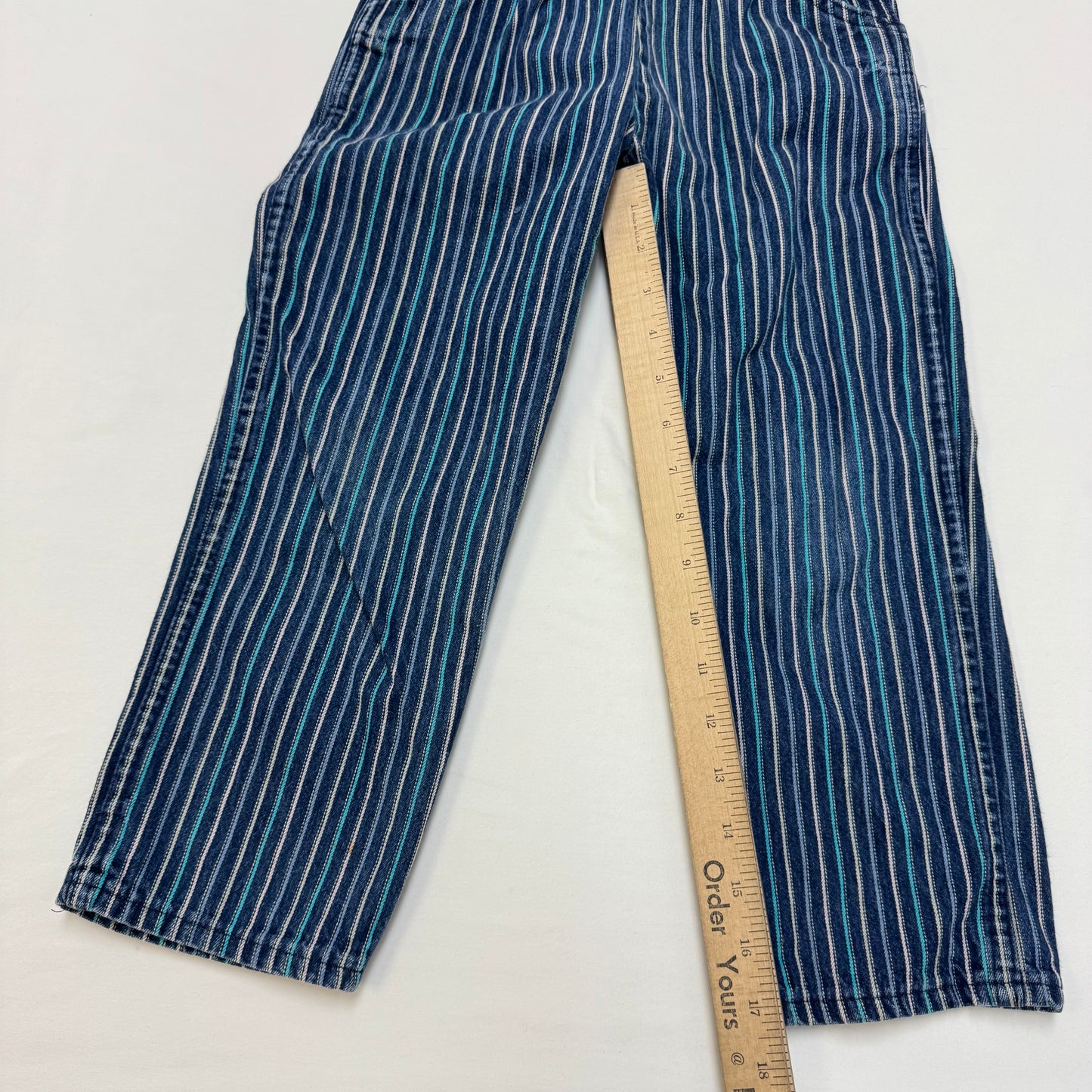 70s Kids Vintage Washington Dee Cee Sanforized Blue Denim Long Pant Striped Overalls With Adjustable Straps 6Y Made in USA