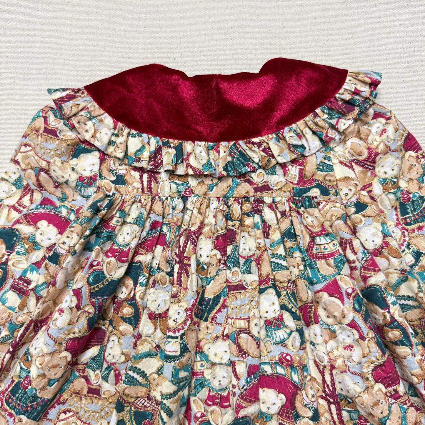 80s 90s Kids Toddler Vintage Teddy Bear AOP Christmas Pattern Velvet Round Collar Dress / 24m 2T   dress