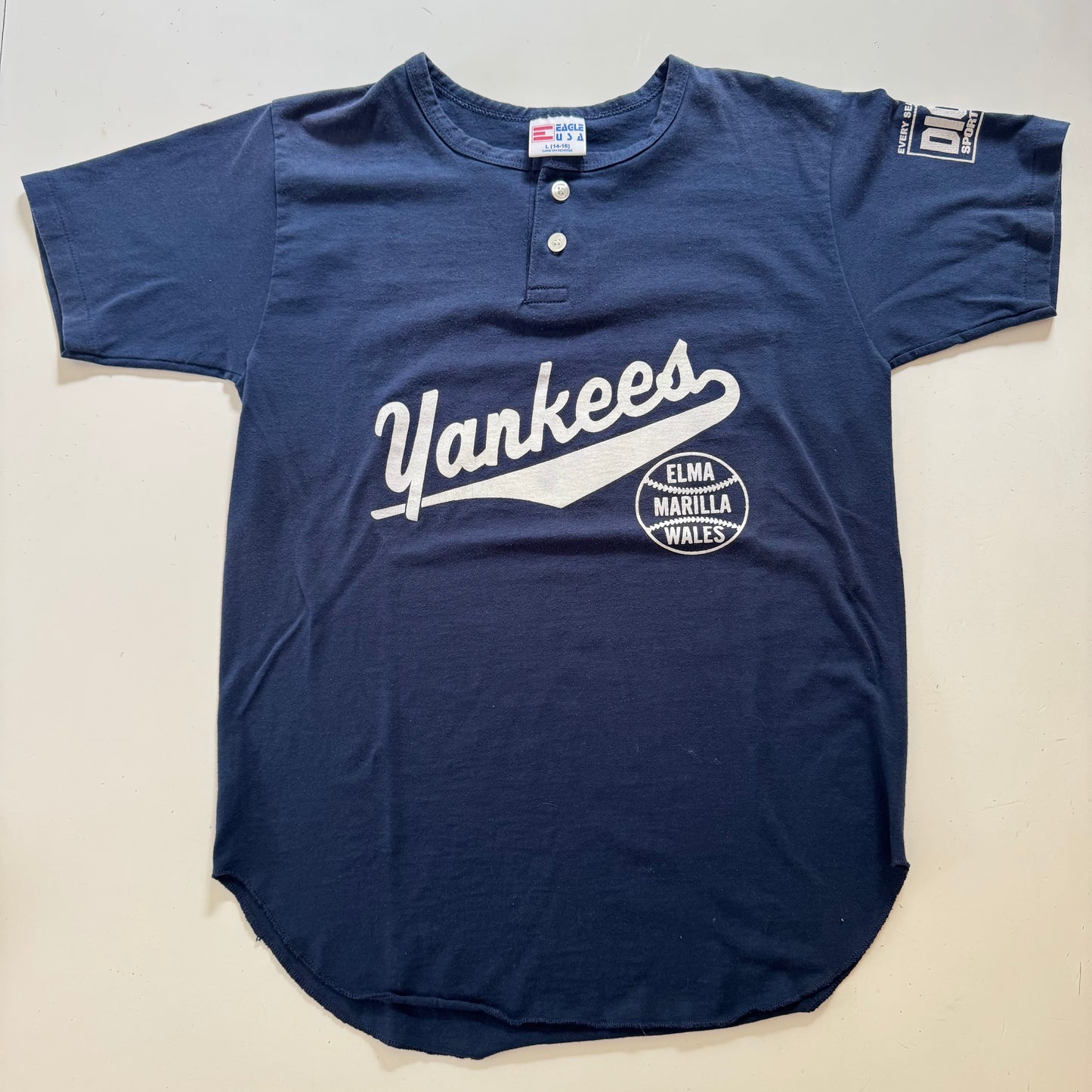 90s Kids Teens Vintage Eagle USA  Yankees Jamieson Road Volunteer Fire Co. Short Sleeve Navy T-Shirt L 14Y 15Y 16Y XS Adult Made in USA