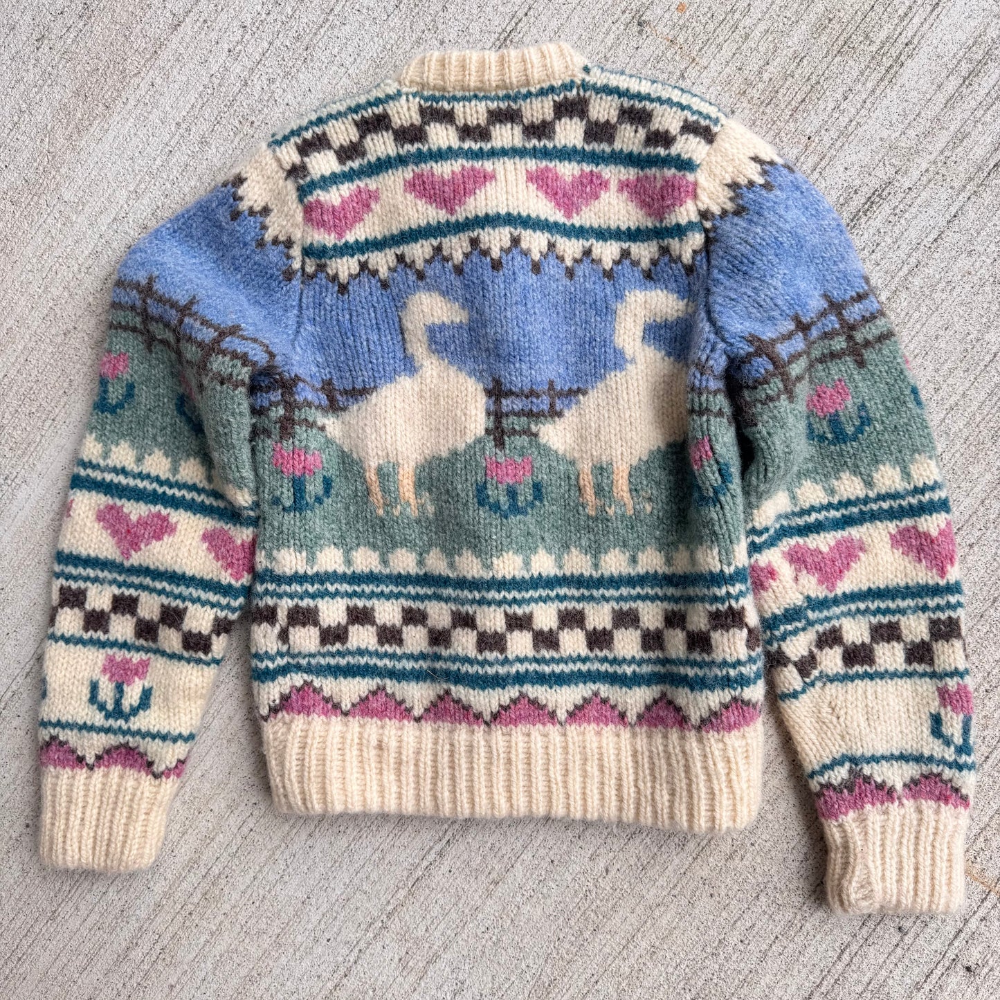 Kids Hand Knit Wool Cardigan With Ducks Front And Back 5Y 6Y 7Y