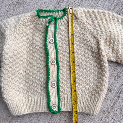 Baby Toddler Vintage Hand Knit Cream Cardigan With Green Details Irish Style Knit 12mns 1Y 18mns 24mns 2Y