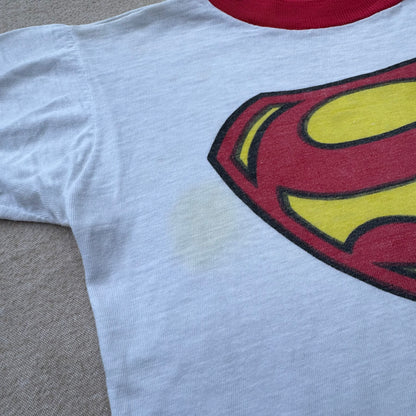 60s Kids Vintage Rare Superman Big Logo White Short Sleeve T-Shirt 4Y 5Y 6Y