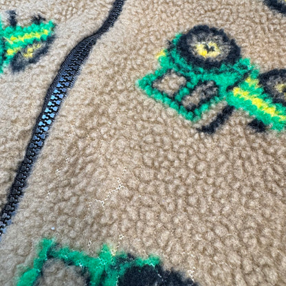 90s 2000s Kids Toddler Vintage Beige Khaki Deep Pile Zip Fleece Tractor AOP With Pockets Made in USA 3T