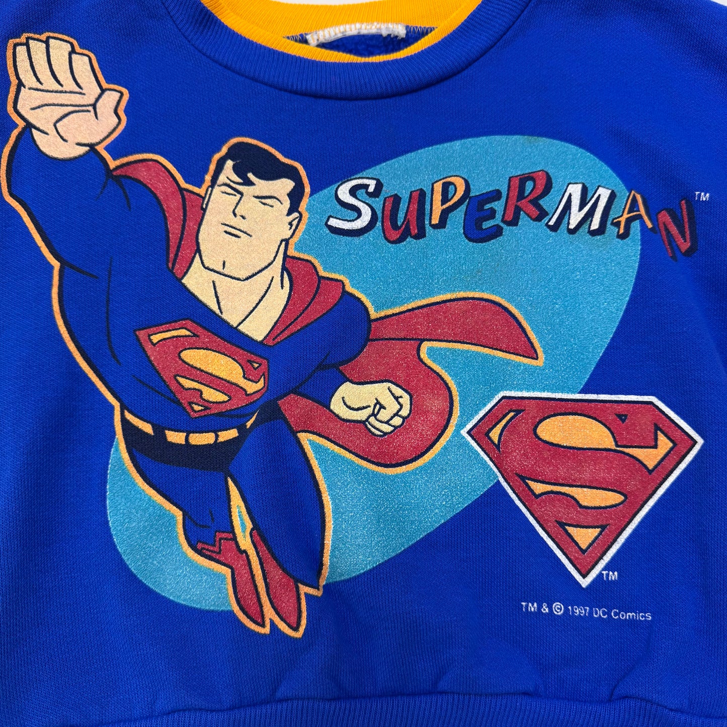 1997 Kids Toddler Vintage Superman Colourful Crew Sweatshirt 2Y 3Y