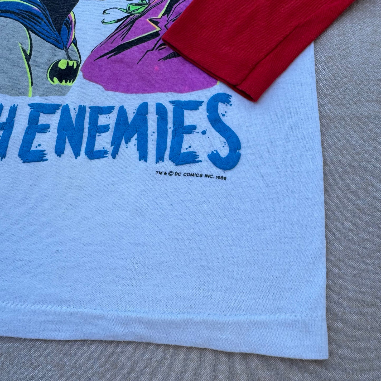 80s Kids Vintage DC Comics Batman Joker Arch Enemies Raglan 3/4 Sleeve White/Red Shirt 7Y 8Y Made in USA