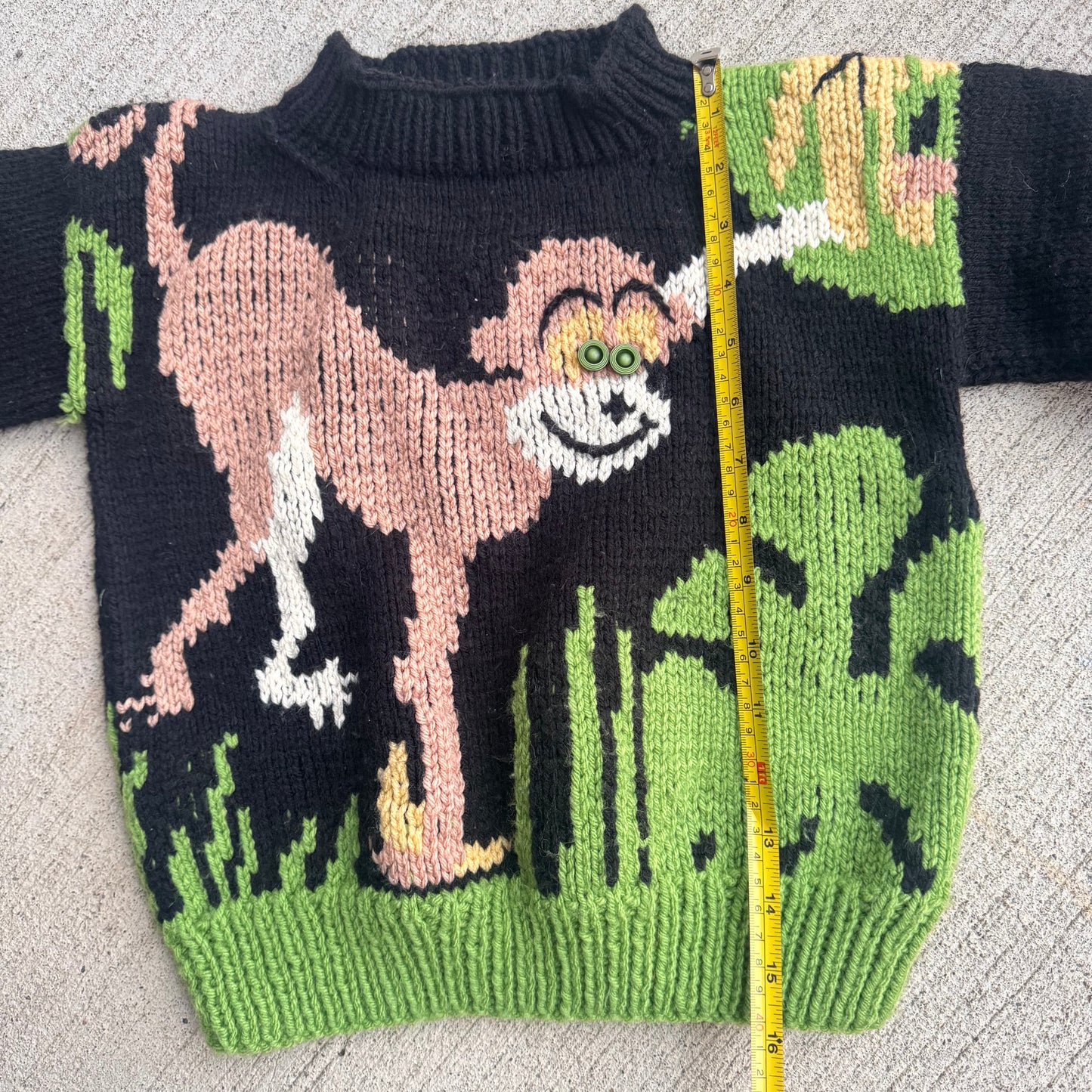 Kids Vintage Hand Knit Monkey With Green Button Eyes Black Pullover Sweater 6Y 7Y 8Y