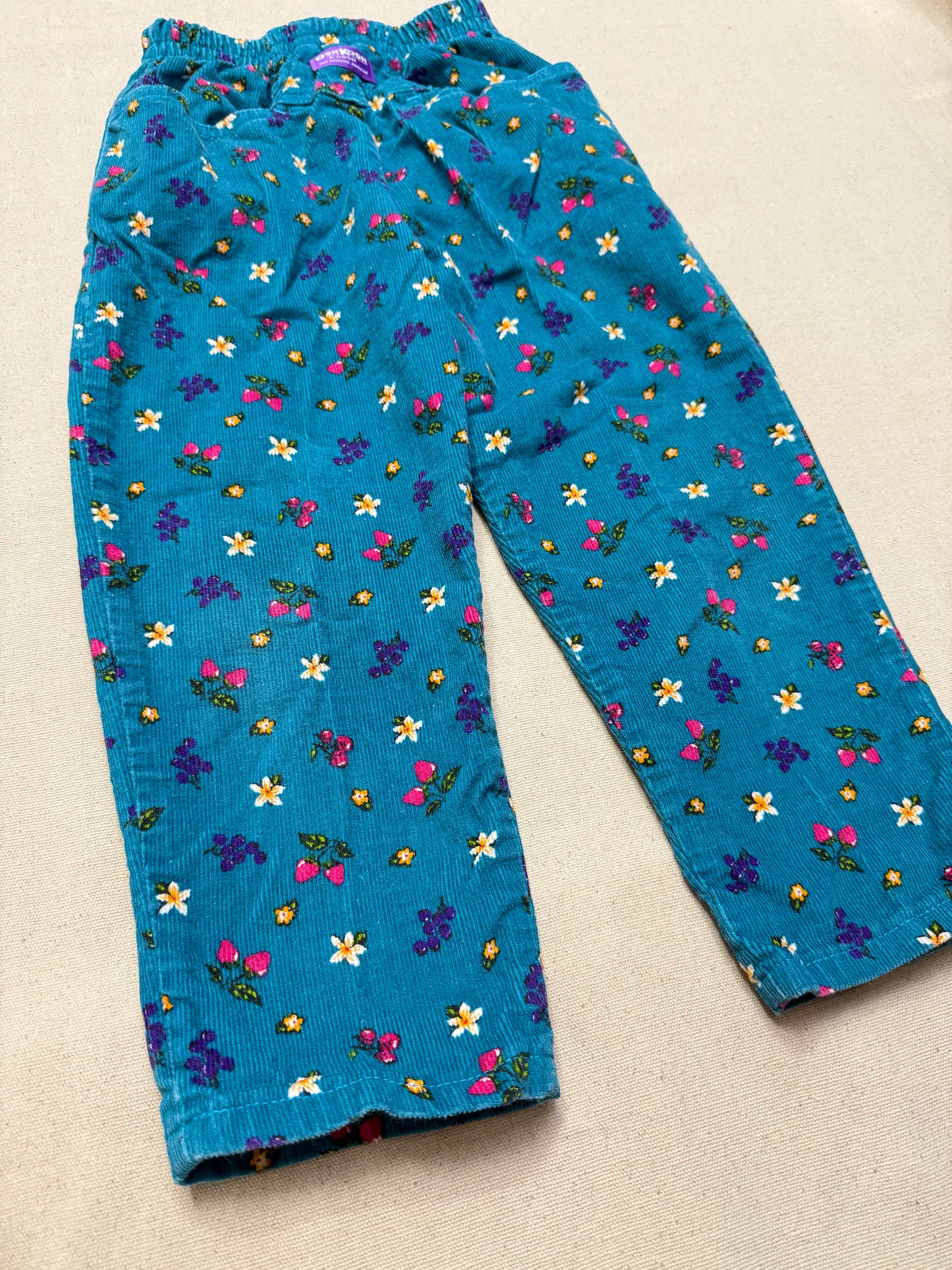 90s Kids Toddler Vintage Oshkosh Bgosh Fruits Flower AOP Corduroy Elastic Pants / 4T 5T