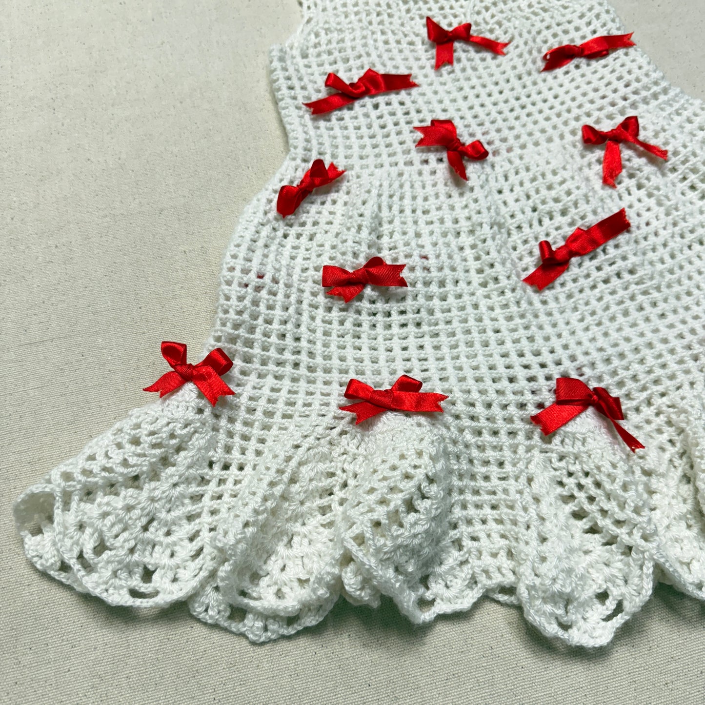 Kids Toddler Vintage Handmade Crochet Knit Removable Ribbons Design Dress / 3T 4T