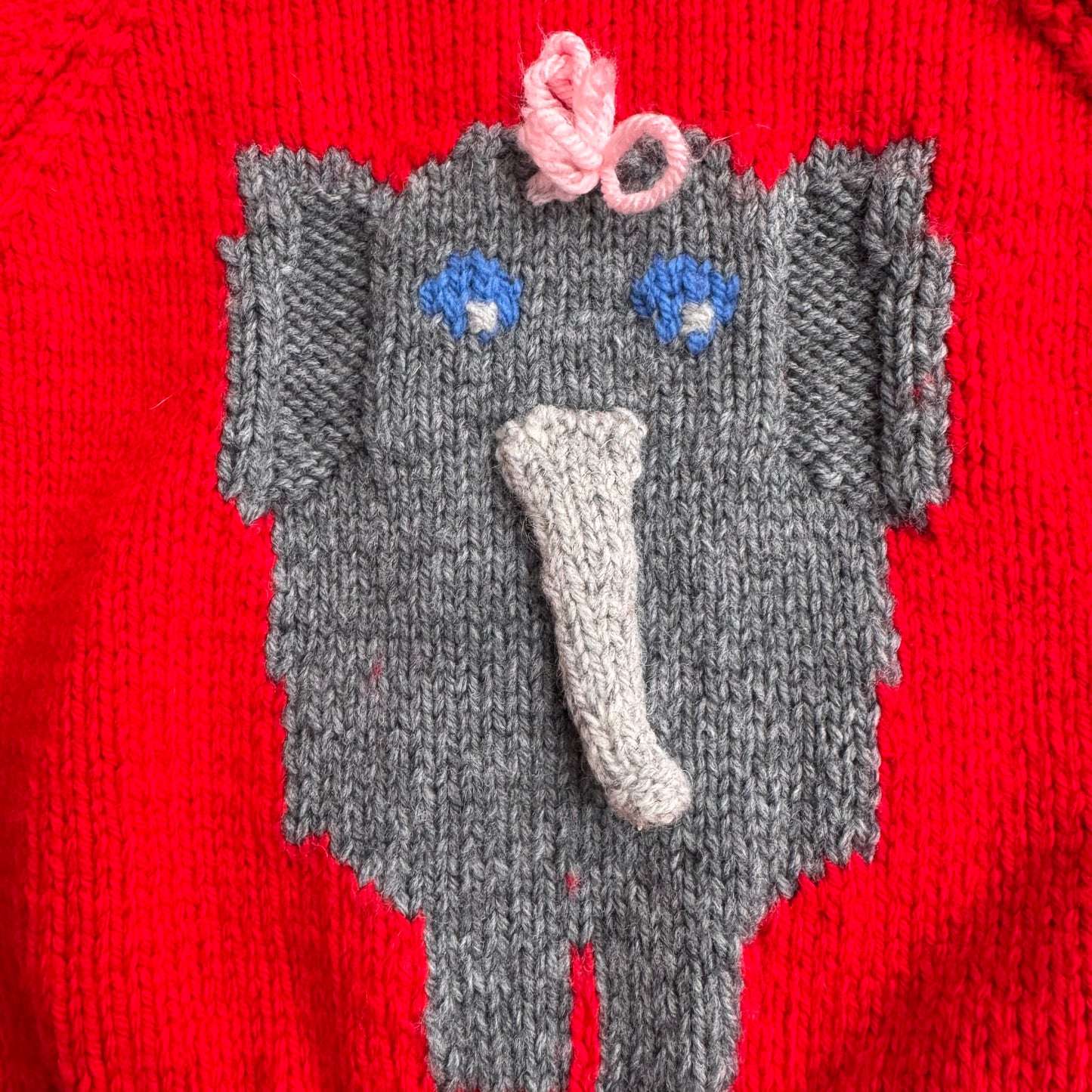 Baby Toddler Vintage Elephant Hand Knit Red Pullover Sweater 18mns 2Y