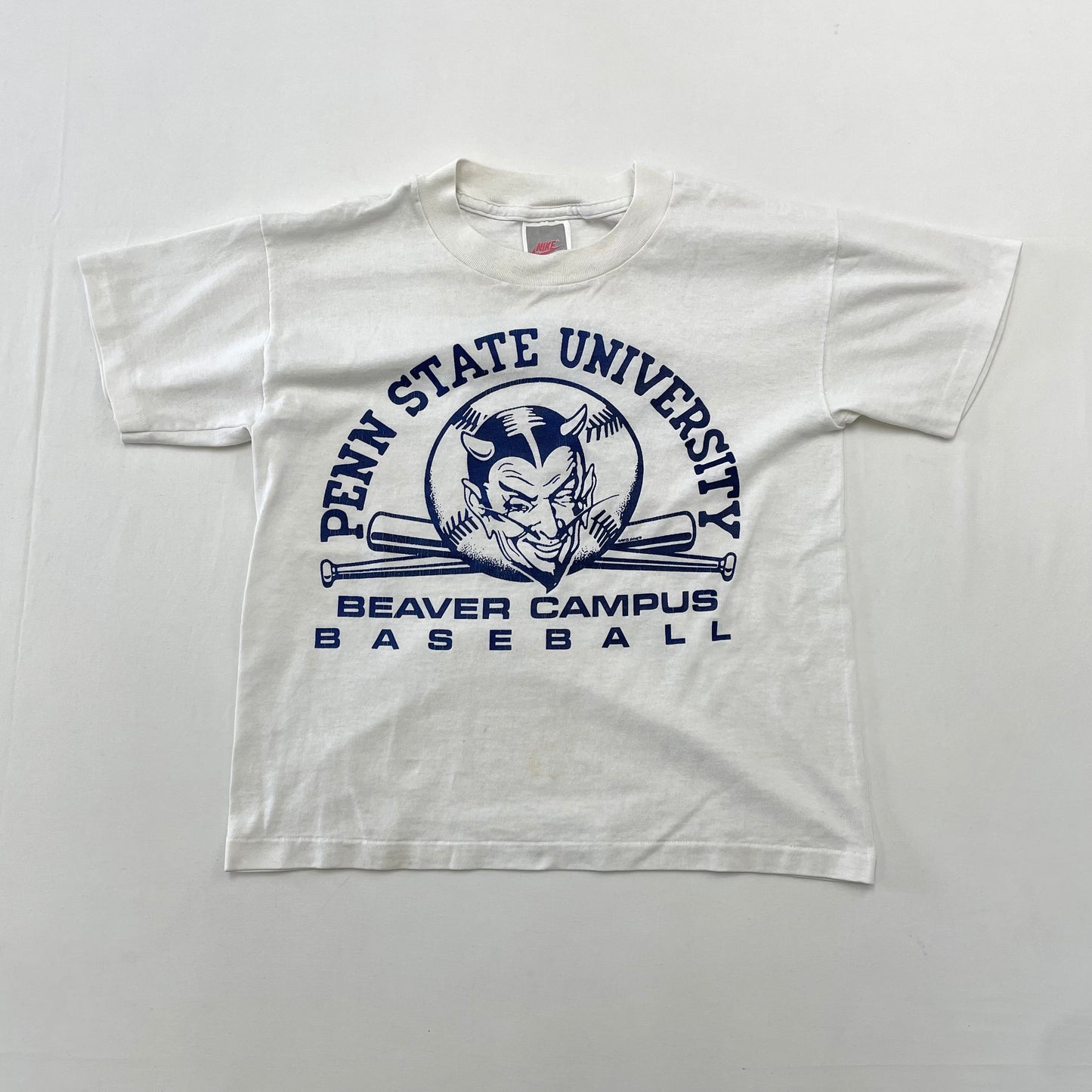 90s Kids Youth Vintage NIKE Penn State University Baseball Team Rare Devil Logo W Sided Print Tshirt / 11y-13y / Baby Tee / Made in USA / Cotton Polyester