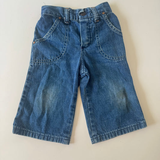 70s Kids Infant Dark Blue Denim Workwear Stretchy Waistband Loose Fit Baggy Long Pant 1Y