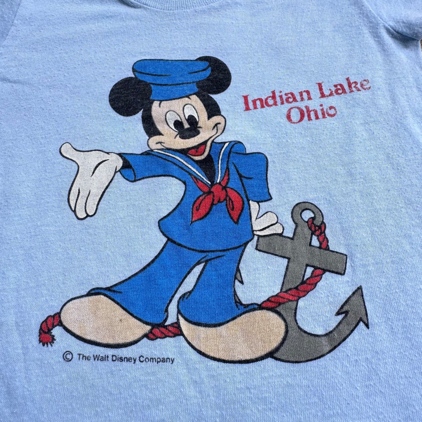 80s 90s Kids Baby Toddler Vintage Walt Disney Mickey Mouse Sailor Indian Lake Ohio Souvenir Print Short Sleeve Single Stitch Light Blue T-Shirt S 18M 24M 2Y Made In USA