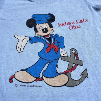 80s 90s Kids Baby Toddler Vintage Walt Disney Mickey Mouse Sailor Indian Lake Ohio Souvenir Print Short Sleeve Single Stitch Light Blue T-Shirt S 18M 24M 2Y Made In USA