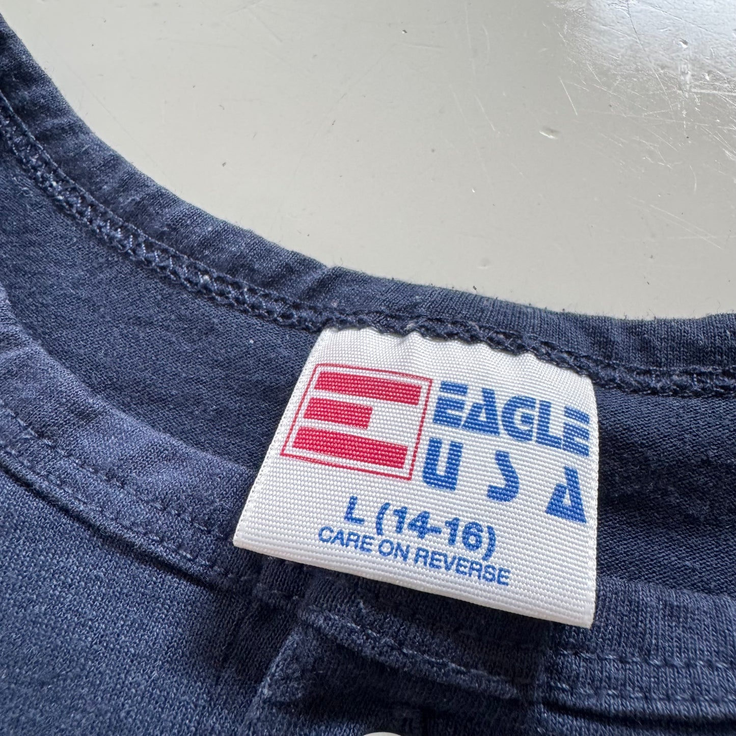 90s Kids Teens Vintage Eagle USA  Yankees Jamieson Road Volunteer Fire Co. Short Sleeve Navy T-Shirt L 14Y 15Y 16Y XS Adult Made in USA