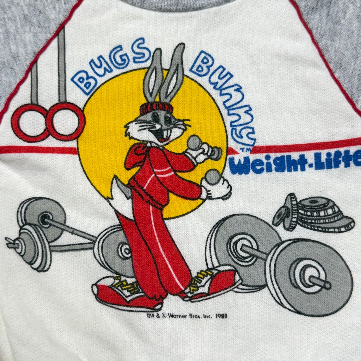 1988 80s Kids infant Baby Vintage Bugs Bunny Weight-Lifter Gray Raglan Sleeve Sweatshirt / 0m 3m 6m