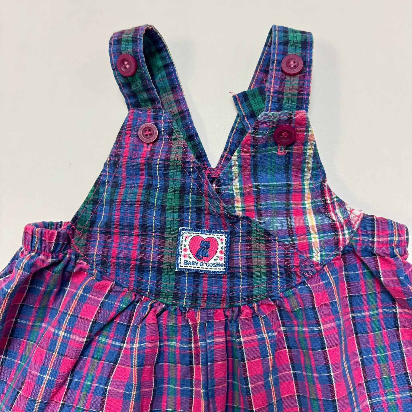 90s Kids Toddler Infant Vintage Baby B’Gosh Oshkosh Pink PurplePlaid Criss Cross Overall /18m / Made in USA