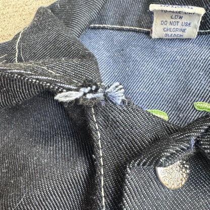 80s Kids Toddler Vintage Dark Denim Snap Double Pocket Long Sleeve Jacket With Cute Embroidered Patches Front And Back 4Y 5Y