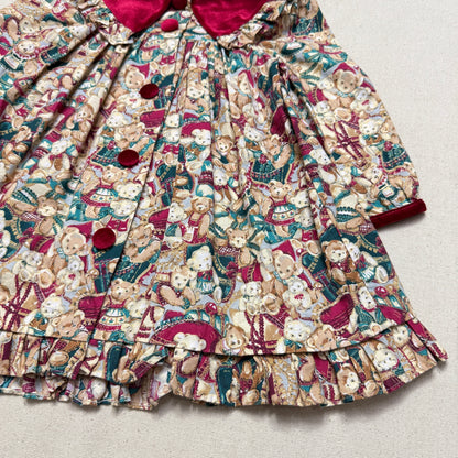 80s 90s Kids Toddler Vintage Teddy Bear AOP Christmas Pattern Velvet Round Collar Dress / 24m 2T   dress