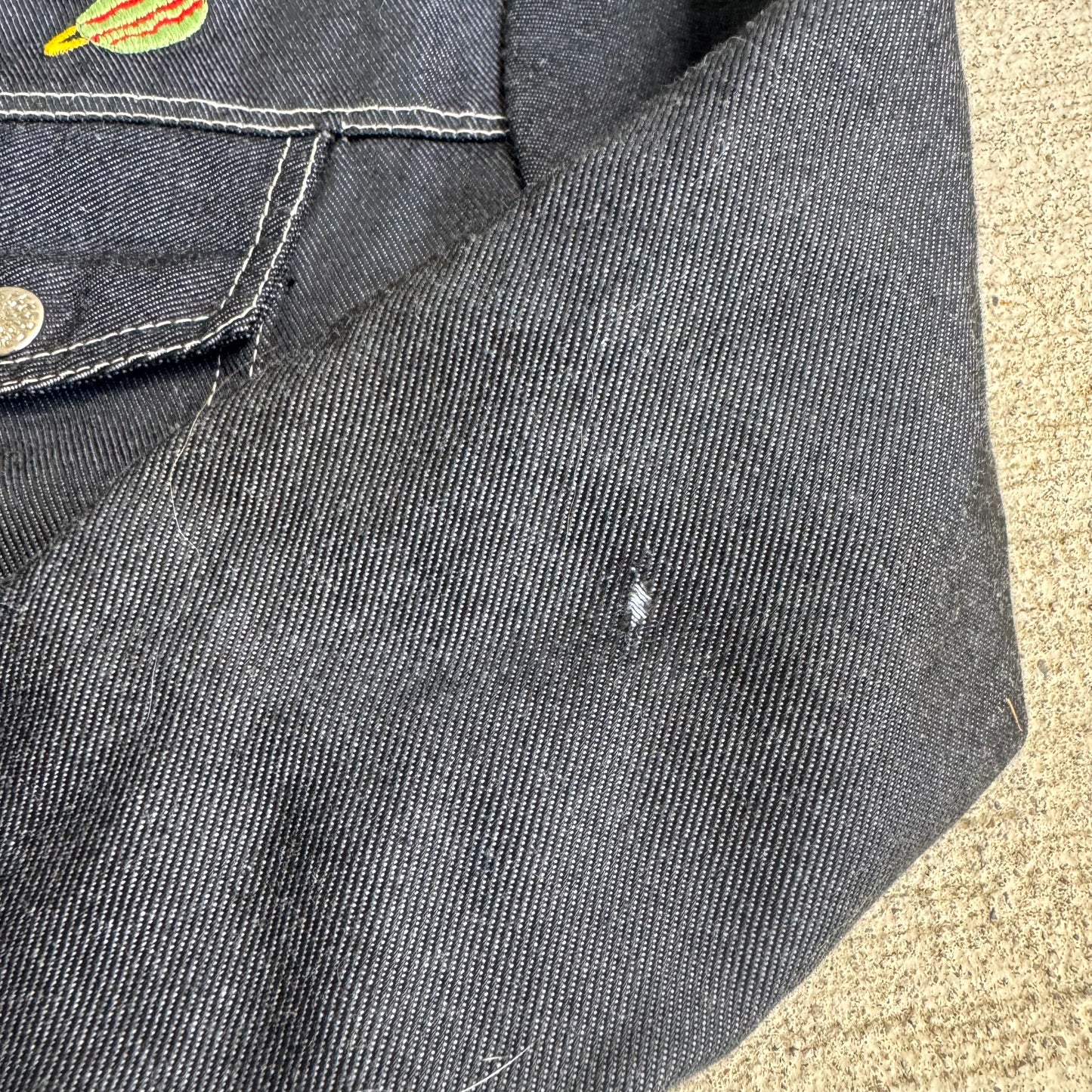 80s Kids Toddler Vintage Dark Denim Snap Double Pocket Long Sleeve Jacket With Cute Embroidered Patches Front And Back 4Y 5Y