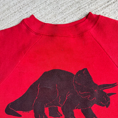 80s Kids Vintage Red Signal Pullover Crew Long Sleeve Sweatshirt Triceratops Dino Print S 6Y 7Y 8Y Made in USA