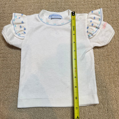 90s Kids Toddler Infant Vintage Baby B’Gosh Oshkosh 2 Piece Set Turquoise Overall White Ruffle T-shirt With Floral Accents /6m 9m / Made in USA