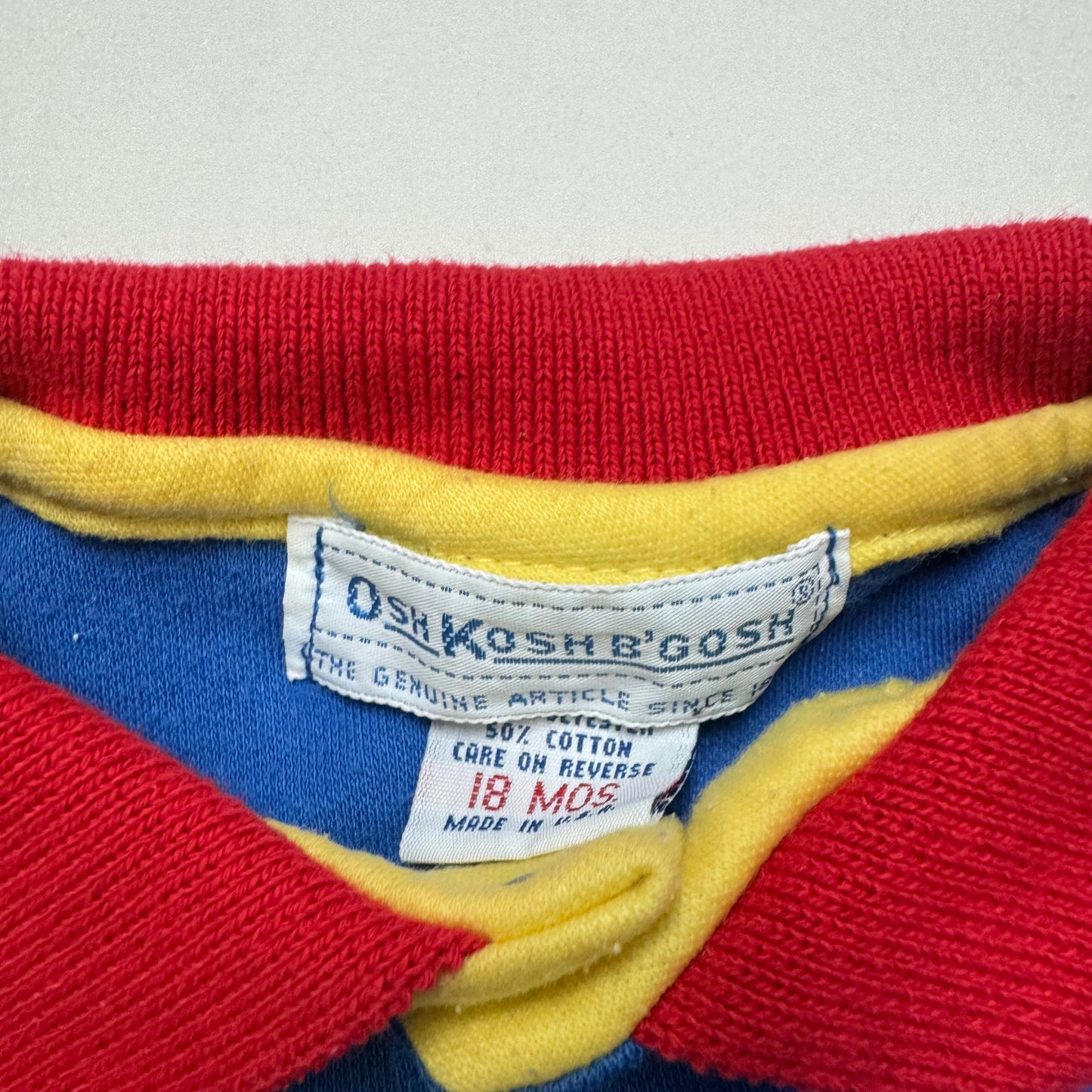 90s Kids Toddler Vintage Oshkosh B’Gosh Blue Yellow Red Golf Top / 18m/Made in USA