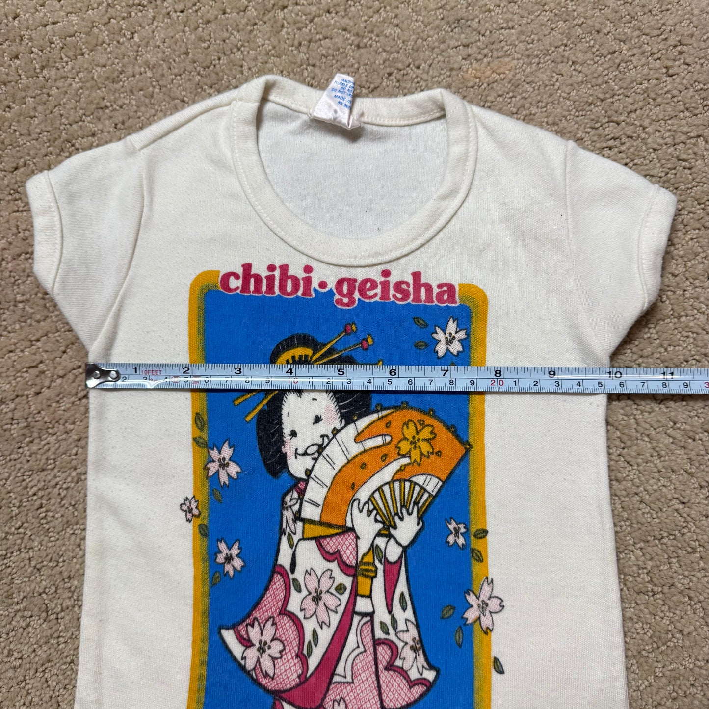 80s Kids Toddler Vintage Chibi•Geisha Cute Character Print Short Sleeve Off White T-Shirt XS 2T 3T Made in USA