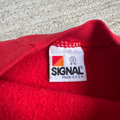 80s Kids Vintage Red Signal Pullover Crew Long Sleeve Sweatshirt Triceratops Dino Print S 6Y 7Y 8Y Made in USA