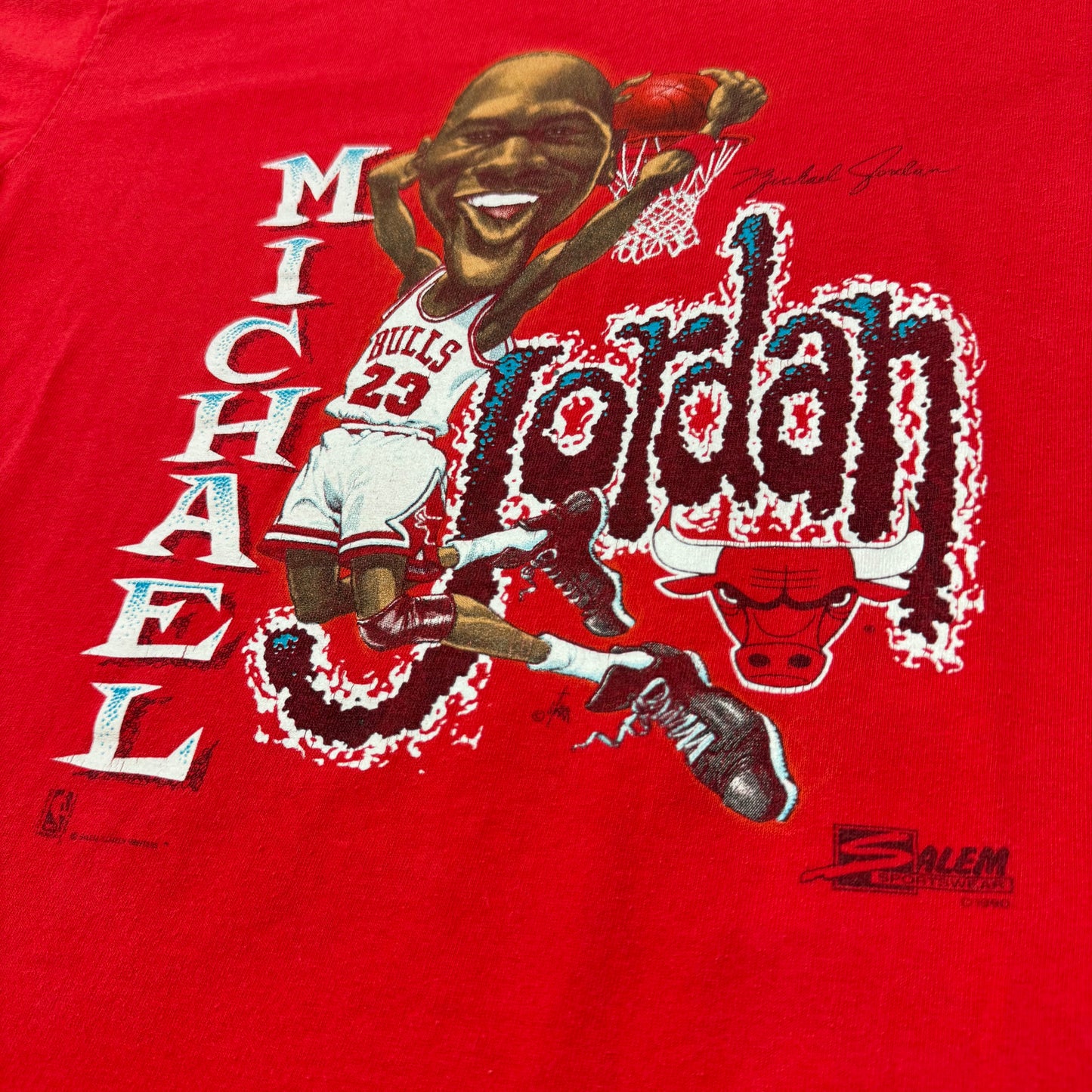 1990 Kids Vintage Michael Jordan Dunk Cartoon NBA Chicago Bulls Red Single Stitch Short Sleeve T-Shirt 14Y 16Y