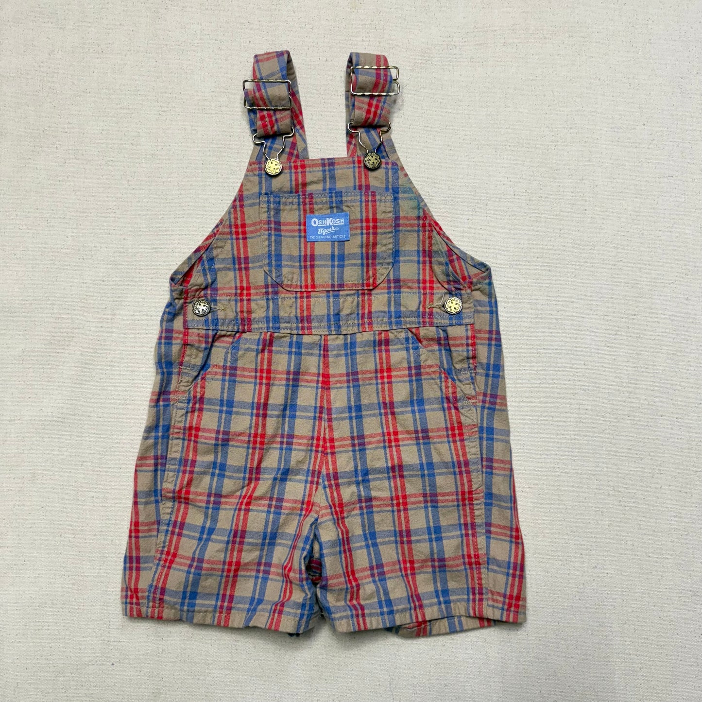 90s Kids Toddler Vintage Oshkosh Bgosh Brown Plaid Cotton Shortall / 2T 3T