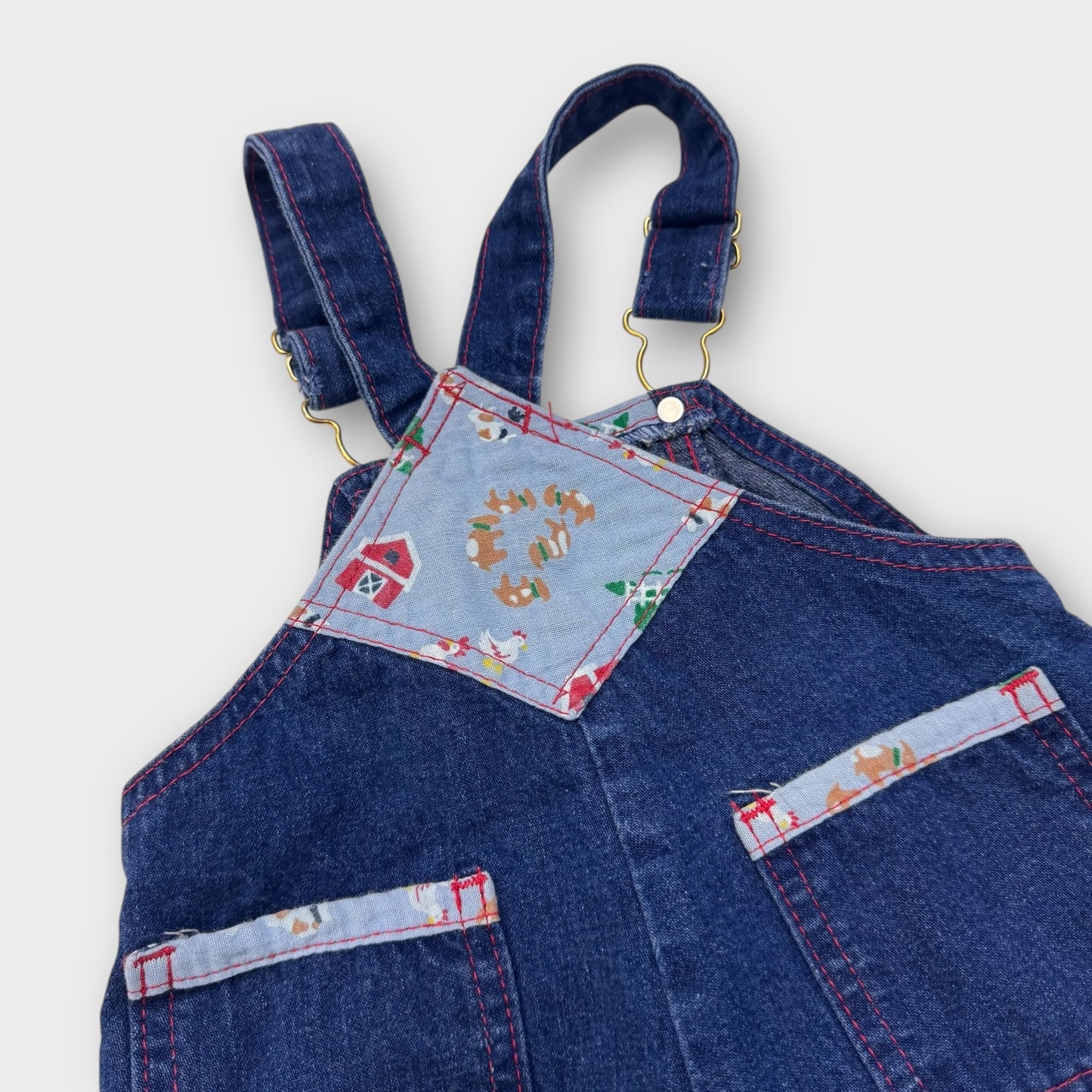 Baby Vintage 100% Cotton Denim Oshkosh Overall Farm Friends With Cuff Print 12M Made In USA