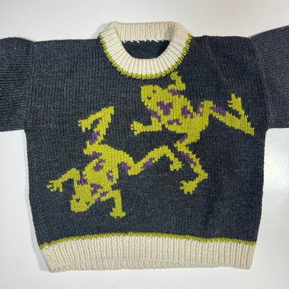 Kids Toddler Vintage Hand Knit Pullover Dark Gray AOP Cute Frogs Print 4Y 5Y 6Y