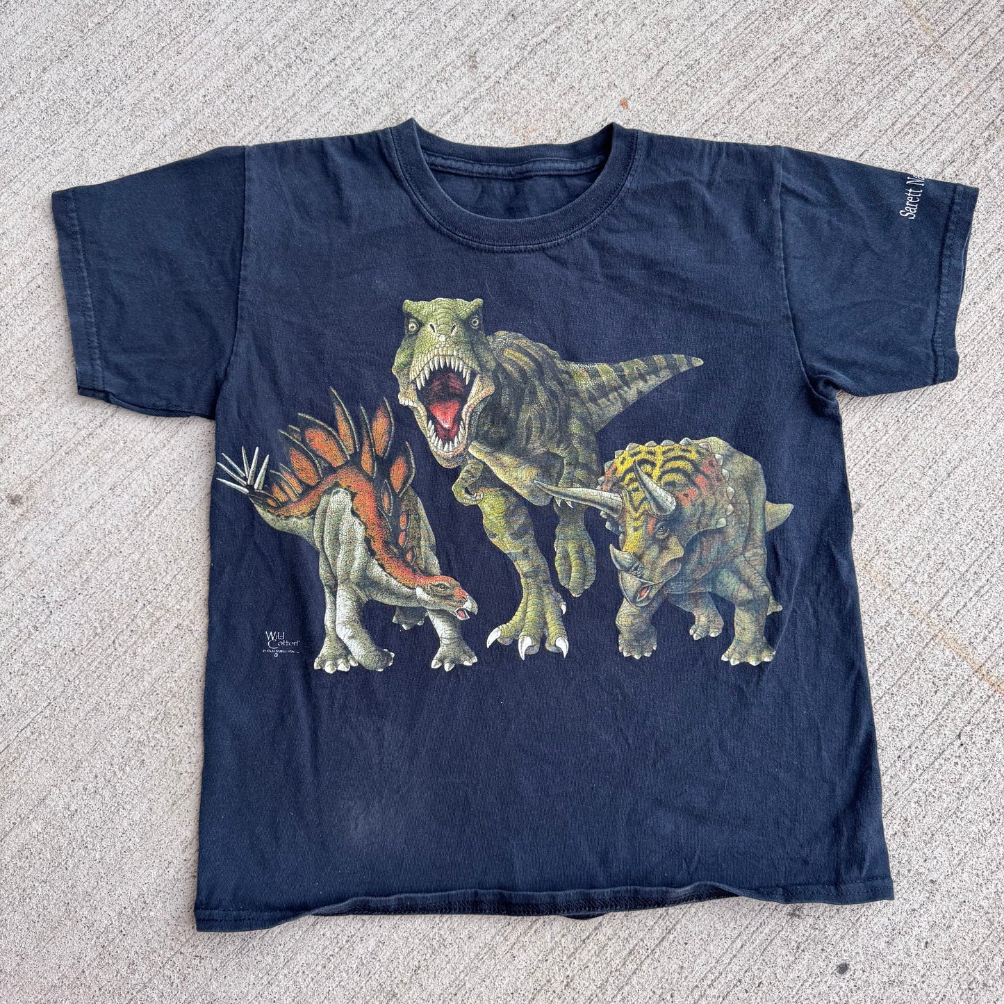 Kids Vintage Sarett Nature Centre Dinosaur Double Sided Black T-Shirt 7Y 8Y 9Y