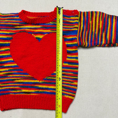 Kids Toddler Vintage Handmade Rainbow Big Heart Pattern Knit Sweater / 3T 4T 5T