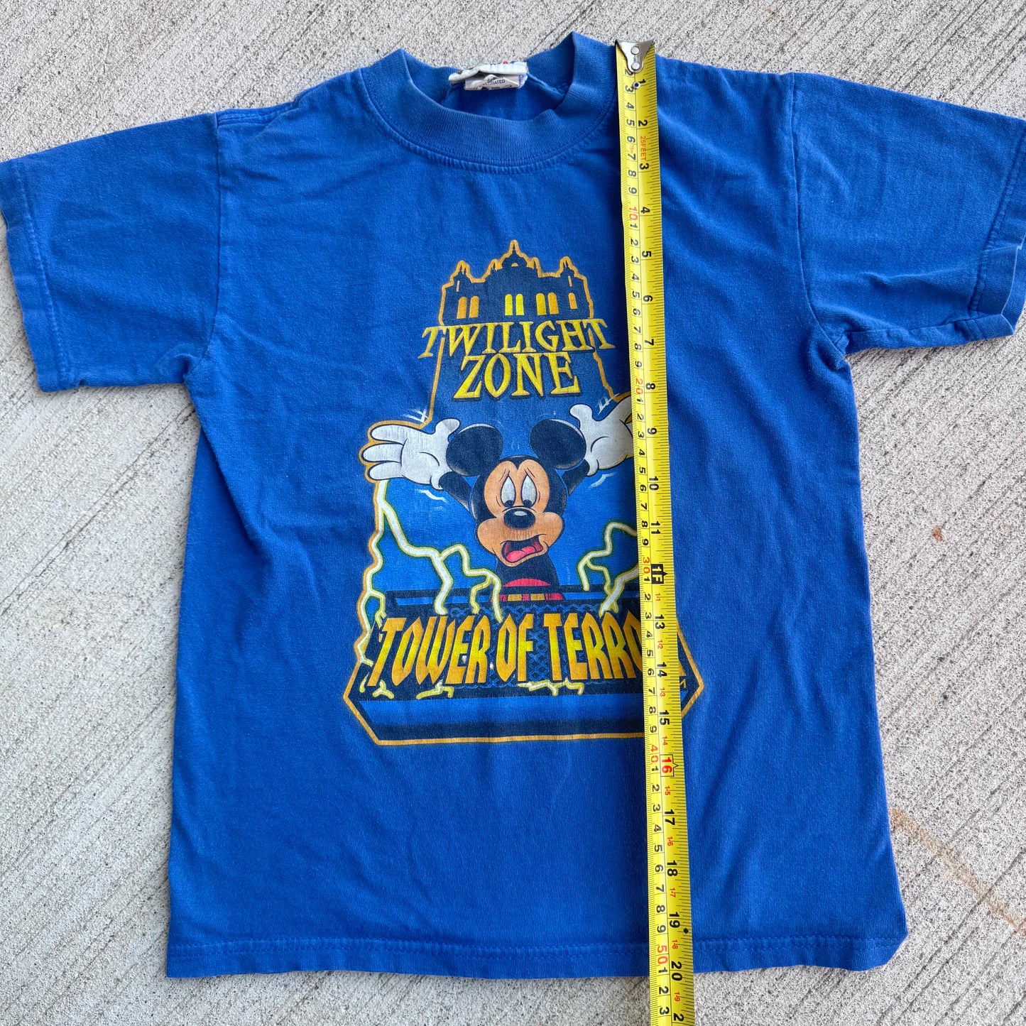 Kids Vintage Disney Mickey Mouse Tower Of Terror Blue Short Sleeve 100% Cotton T-Shirt Made in USA M