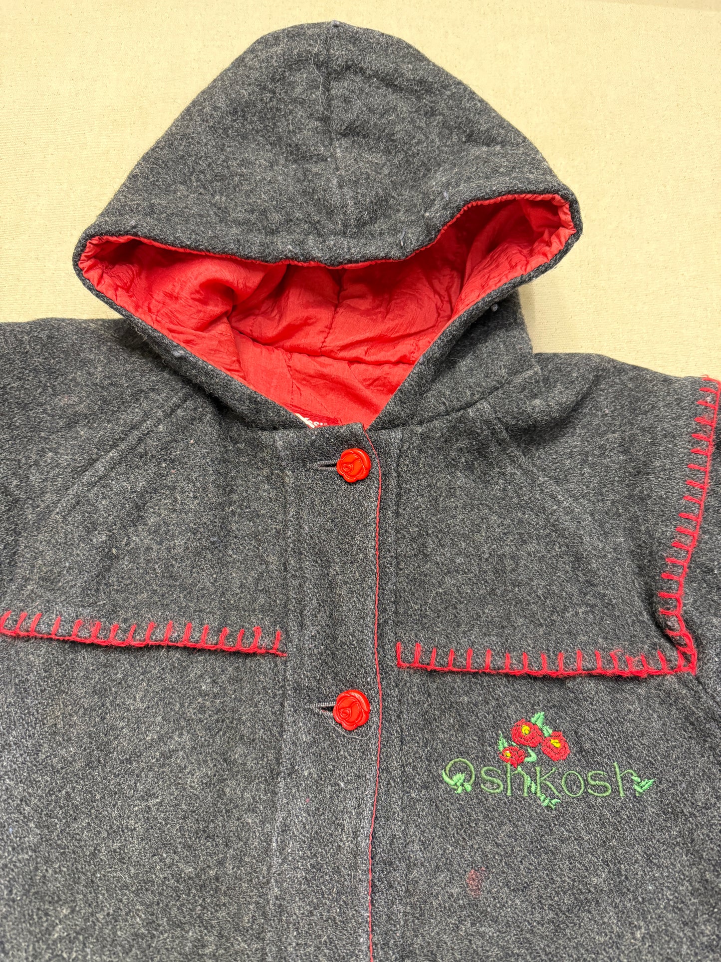 80s 90s Kids Vintage Oshkosh Bgosh Flower Rose Buttons A Line Lined Wool Jacket / 6y 7y