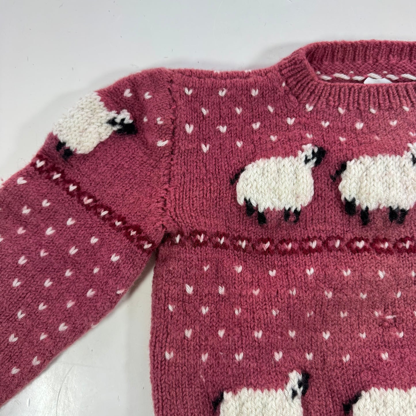 Kids Toddler Vintage Hand Knit Beautiful Maroon Pullover Sweater With Puff Shoulder AOP Sheep r 4Y 5Y 6Y
