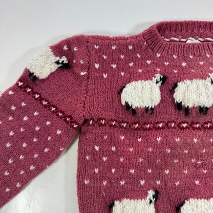 Kids Toddler Vintage Hand Knit Beautiful Maroon Pullover Sweater With Puff Shoulder AOP Sheep r 4Y 5Y 6Y