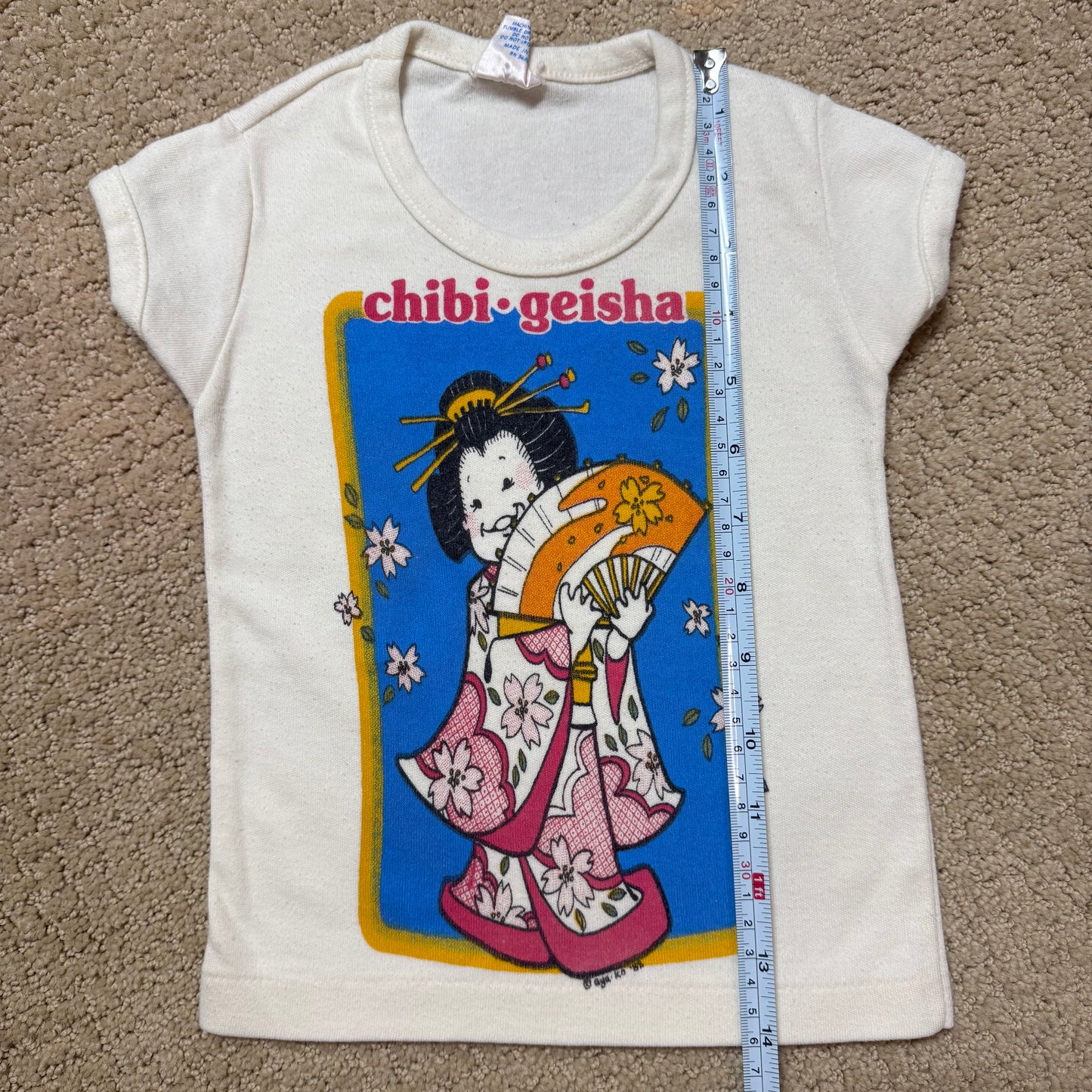 80s Kids Toddler Vintage Chibi•Geisha Cute Character Print Short Sleeve Off White T-Shirt XS 2T 3T Made in USA