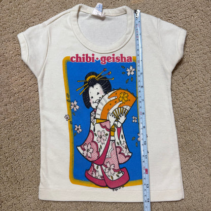 80s Kids Toddler Vintage Chibi•Geisha Cute Character Print Short Sleeve Off White T-Shirt XS 2T 3T Made in USA