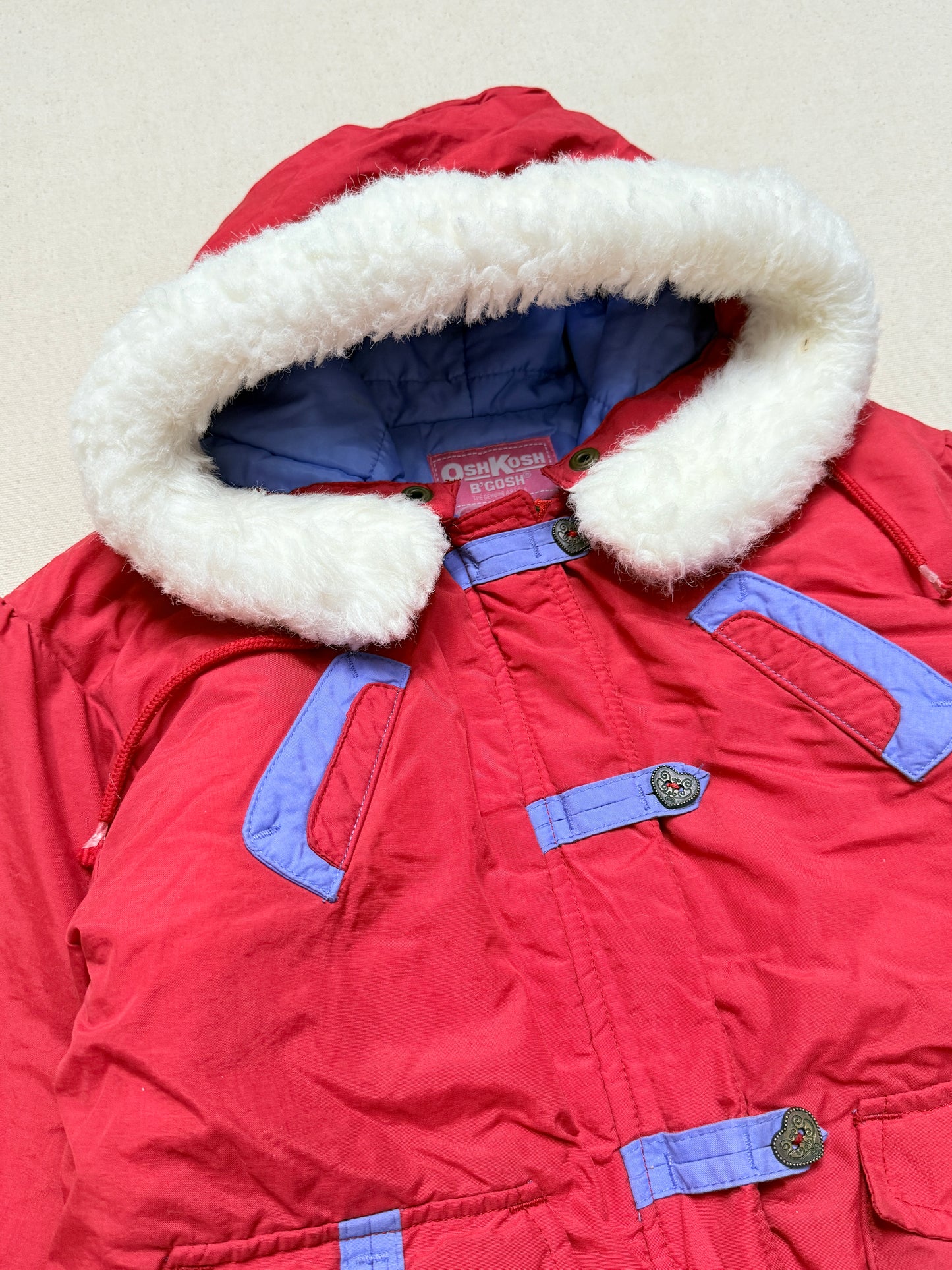 90s 2000' Kids Toddler Vintage Oshkosh Bgosh Heart Buttons Removable Hood Boa Down Jacket / 4T 5T 6y