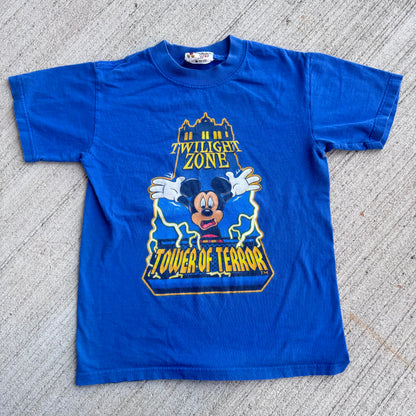 Kids Vintage Disney Mickey Mouse Tower Of Terror Blue Short Sleeve 100% Cotton T-Shirt Made in USA M