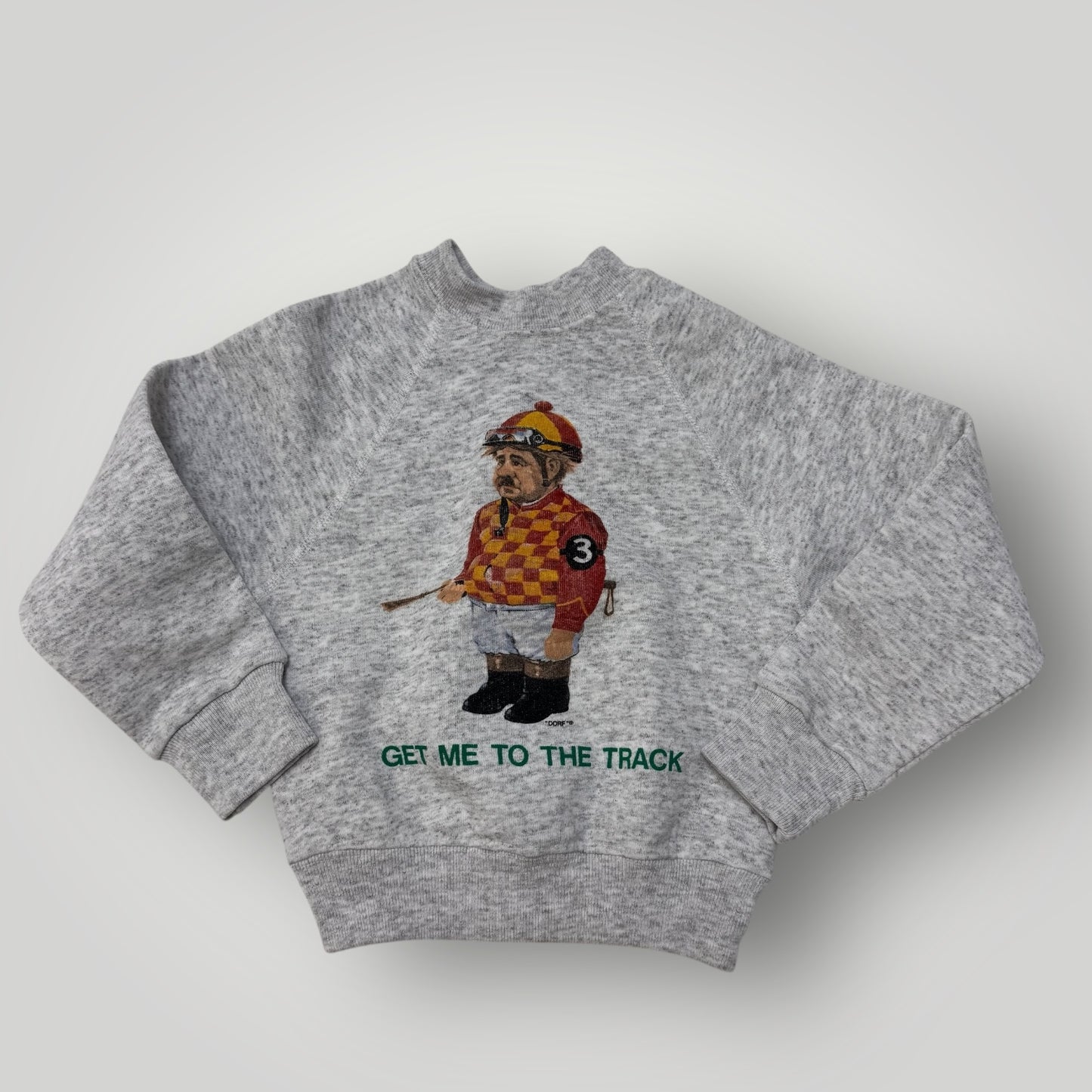 90s Kids Vintage Gray Santee Pullover Sweatshirt ' Get Me To The Track ' Jockey Print Made In USA 3/4Y