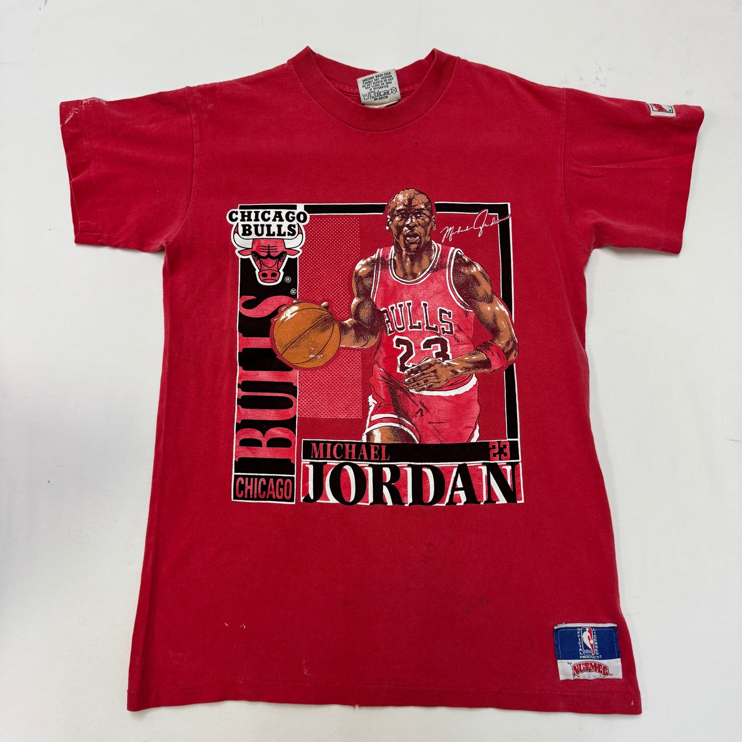 Early 90s Kids Teen Vintage Nutmeg NBA Chicago Bulls AOP Michael Jordan 23 Red Single Stitch Short Sleeve T-Shirt M 12-14Y Made in USA